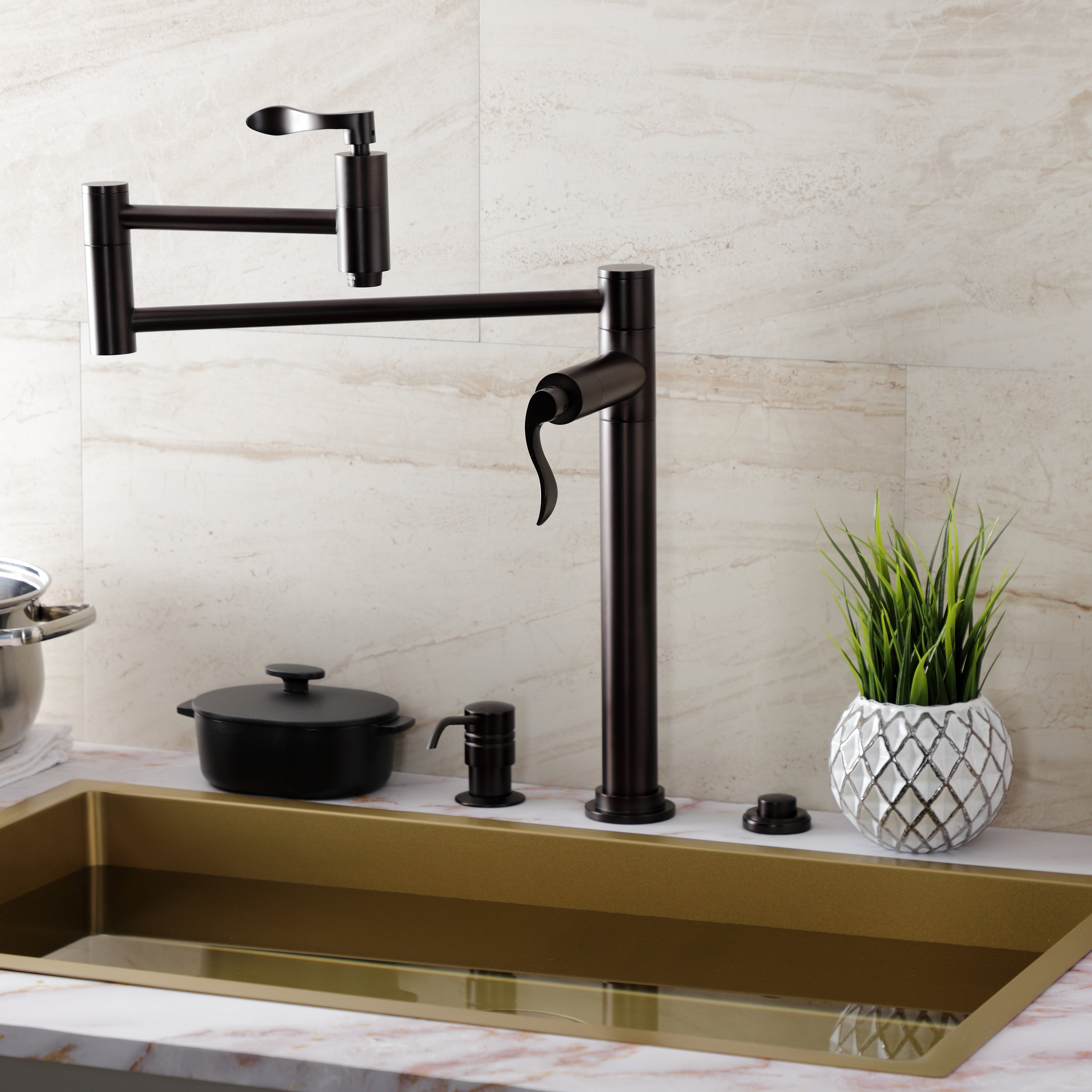 Kingston Brass KS8708DFL NuWave Deck Mount Pot Filler Faucet, Brushed Nickel in a modern kitchen setting.