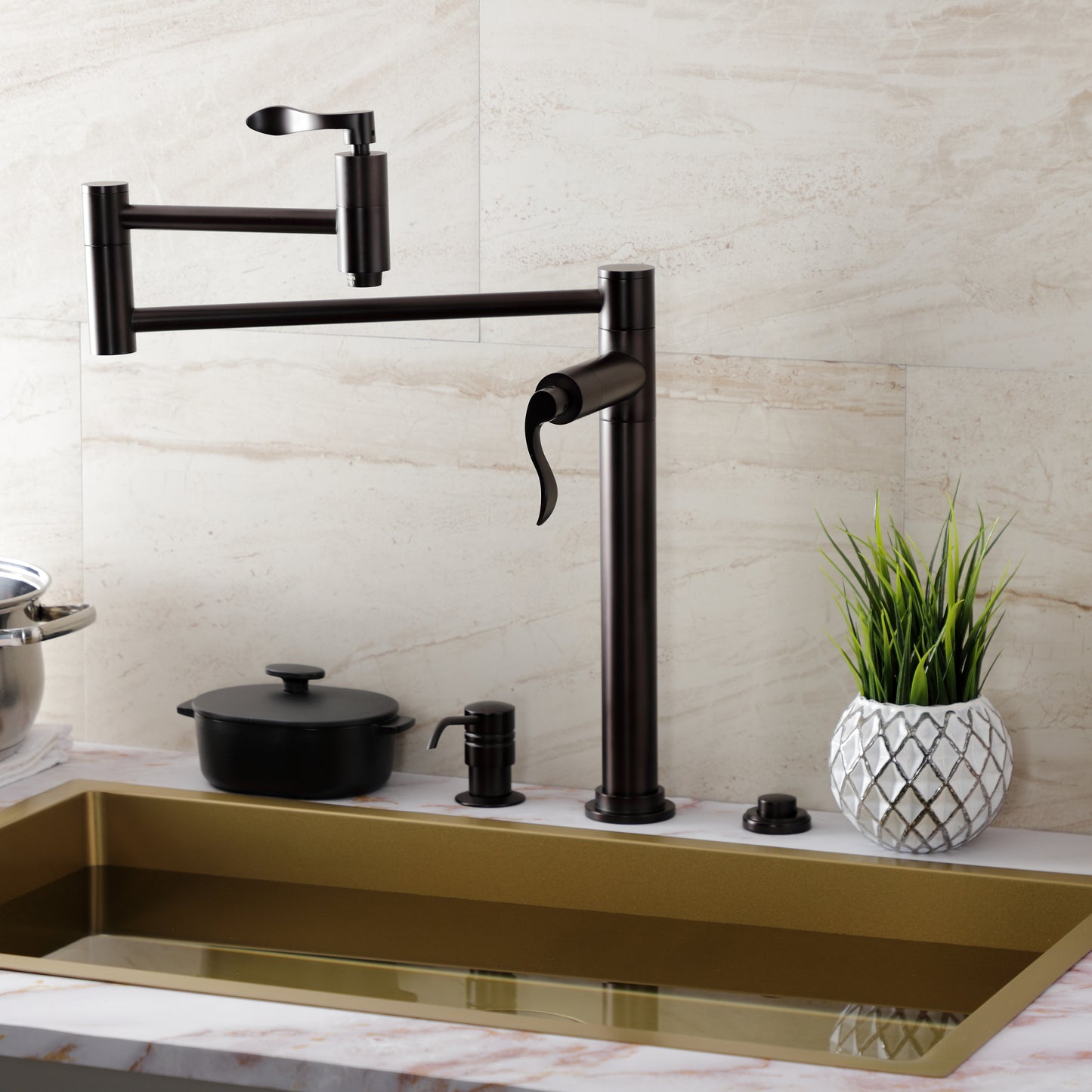 Kingston Brass KS8708DFL NuWave Deck Mount Pot Filler Faucet, Brushed Nickel in a modern kitchen setting.