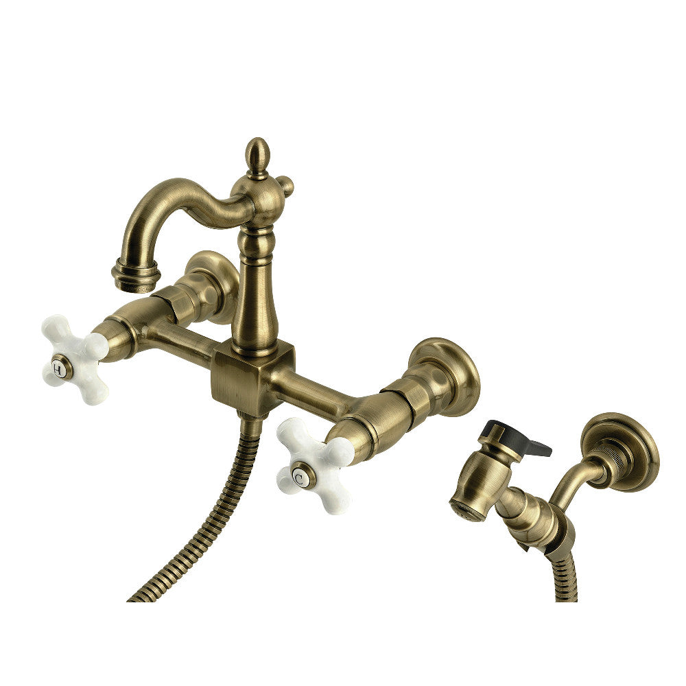 Kingston KS2443PXBS Heritage Two-Handle Wall Mount Bridge Kitchen Faucet with Brass Sprayer, Antique Brass