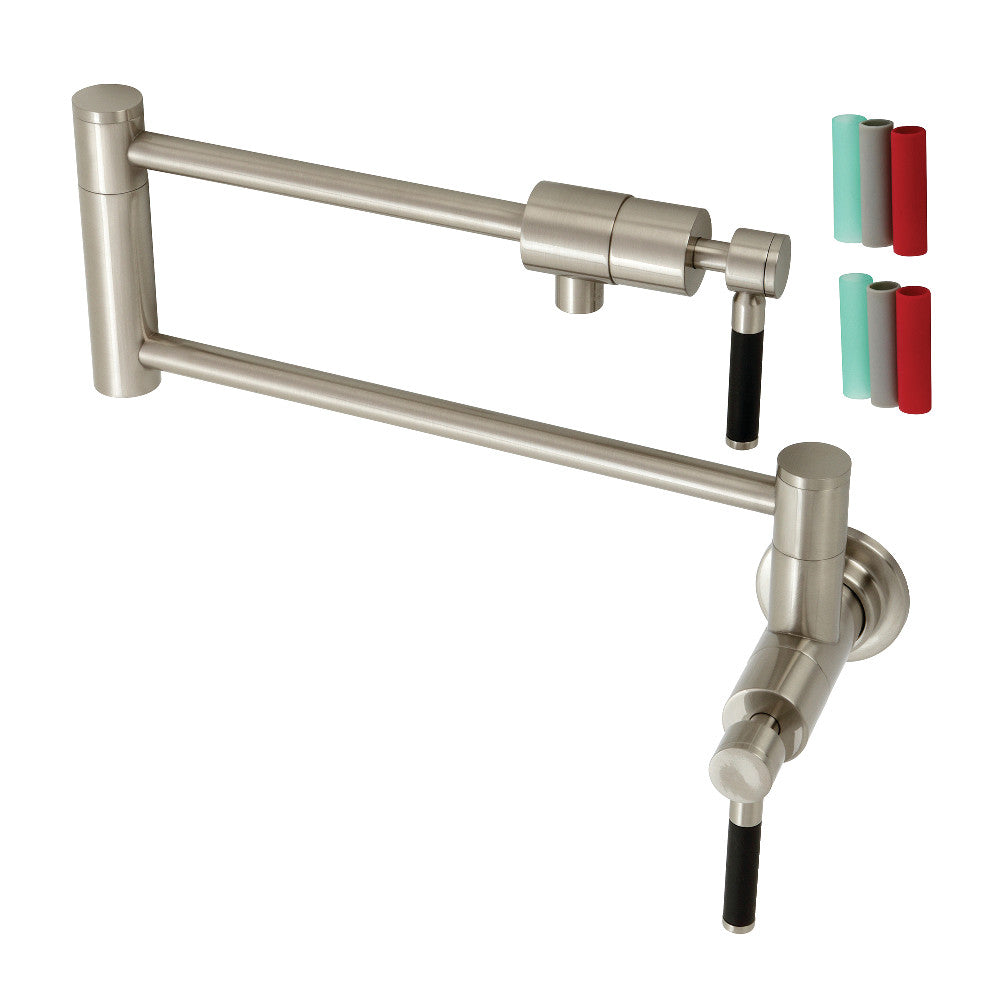 Kingston Brass KS4103DKL Kaiser Wall Mount Pot Filler Faucet, Antique Brass with ergonomic design and silicone handles.