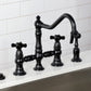 Kingston KS3277PKXBS Duchess Bridge Kitchen Faucet with Brass Sprayer, Brushed Brass in a kitchen setting.