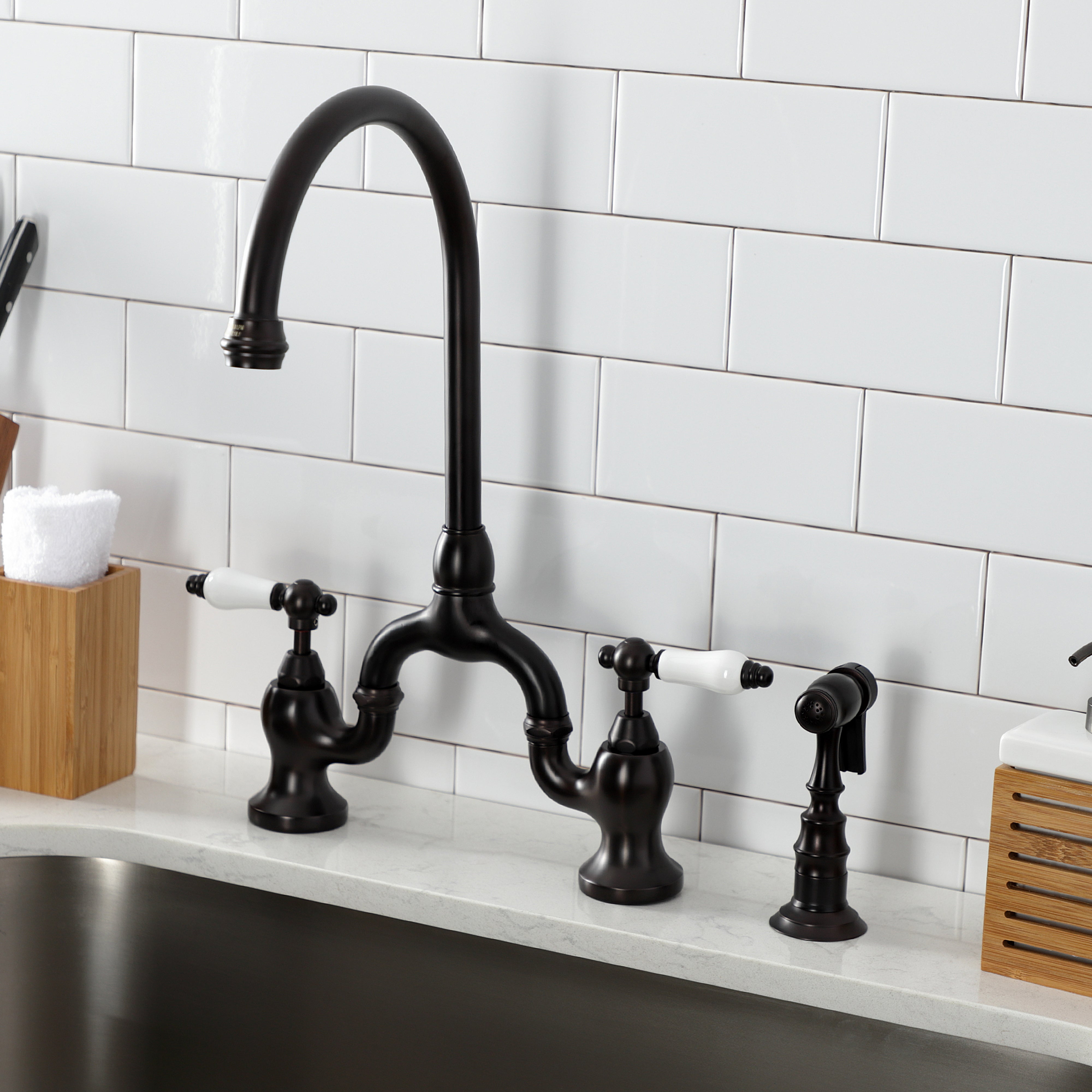 Kingston KS7793PLBS English Country Bridge Kitchen Faucet with Brass Sprayer, Antique Brass