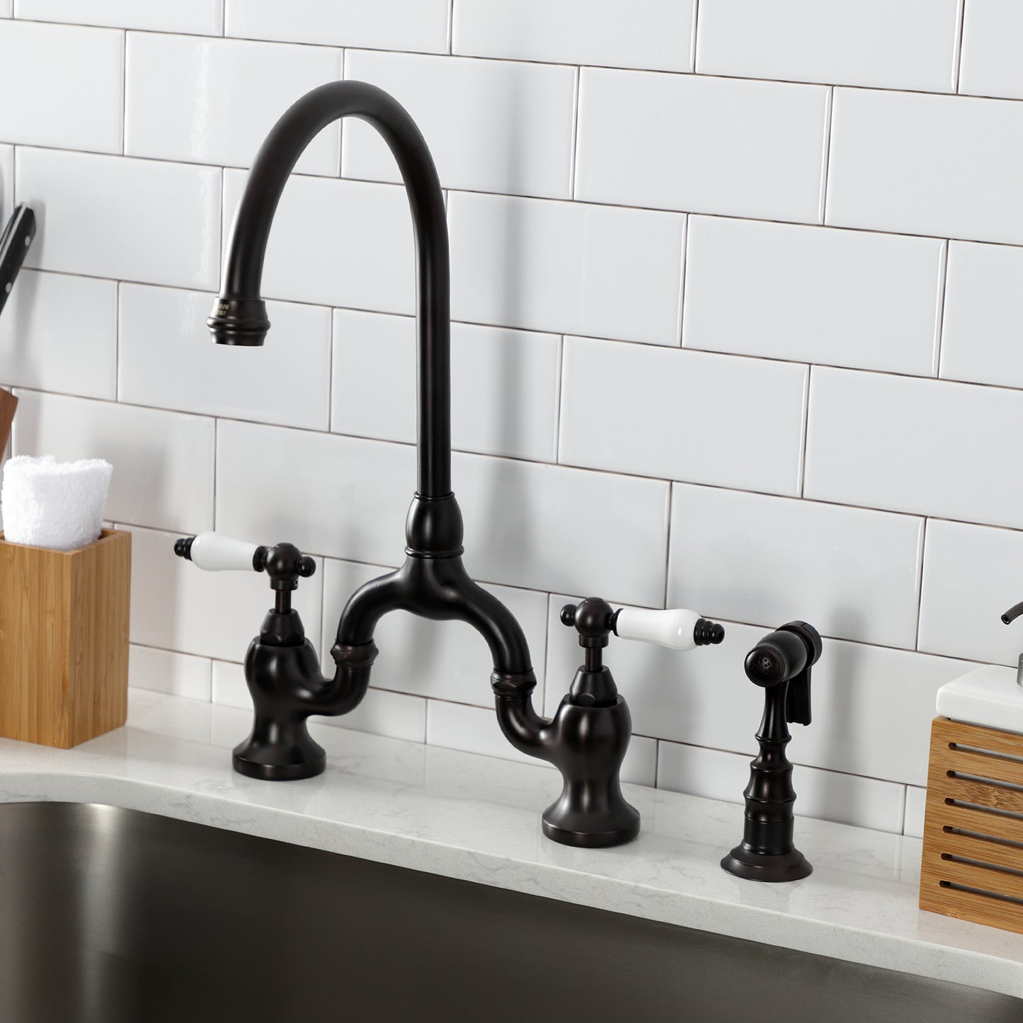 Kingston KS7793PLBS English Country Bridge Kitchen Faucet with Brass Sprayer, Antique Brass