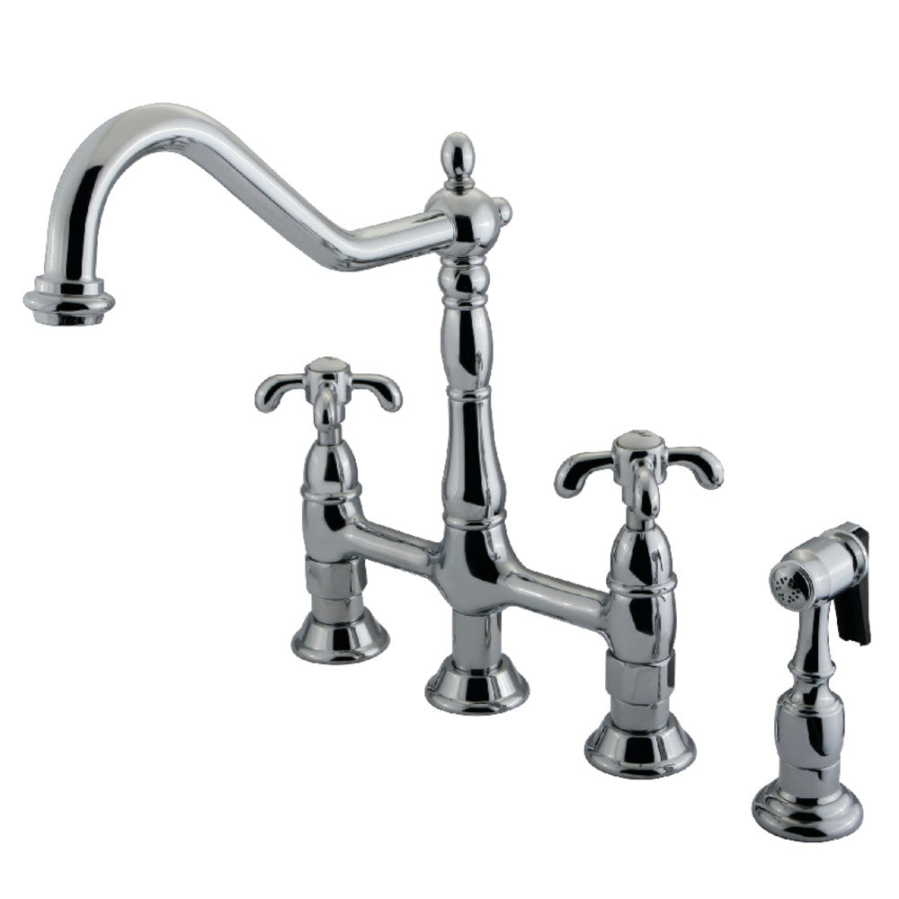 Kingston KS1277TXBS French Country Bridge Kitchen Faucet with Brass Sprayer, Brushed Brass in polished chrome finish