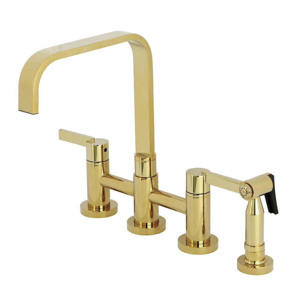 Kingston KS8257CTLBS Continental Bridge Kitchen Faucet with Brass Sprayer, Brushed Brass in polished brass finish.