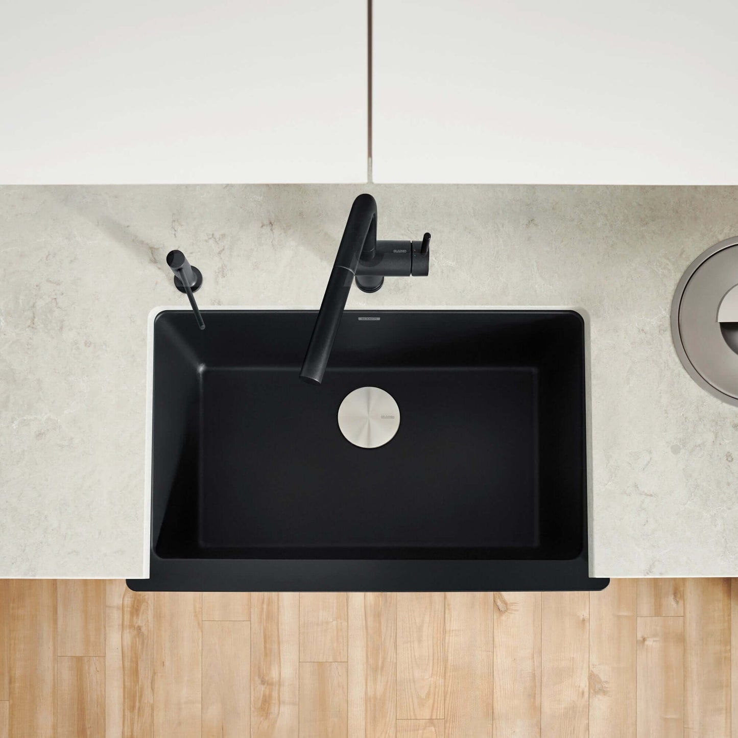 BLANCO VINTERA 30" SILGRANIT Single Bowl Farmhouse Sink with modern faucet on countertop.