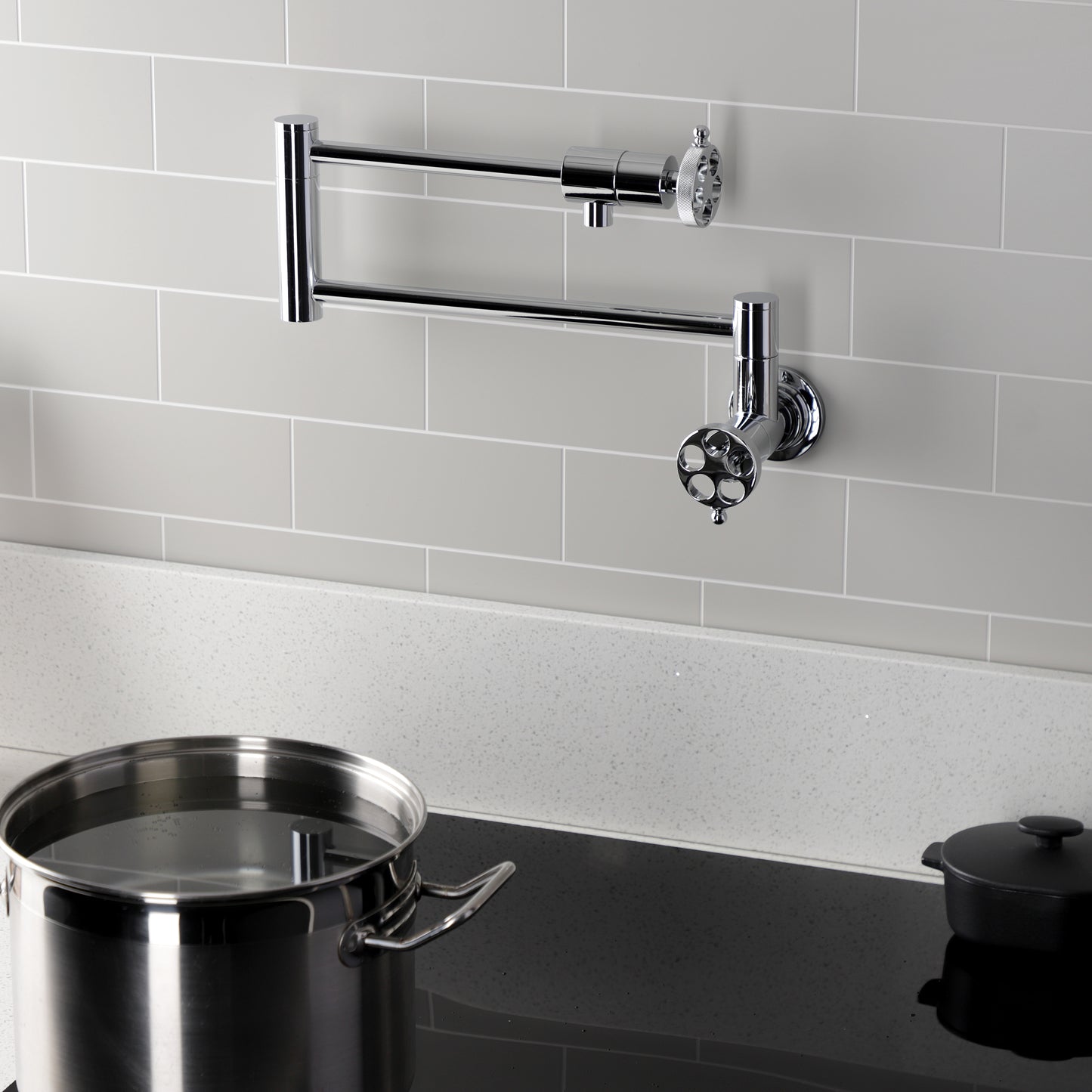 Kingston Brass KS4103RKZ Wendell Wall Mount Pot Filler Faucet with Knurled Handle, Antique Brass in modern kitchen setting