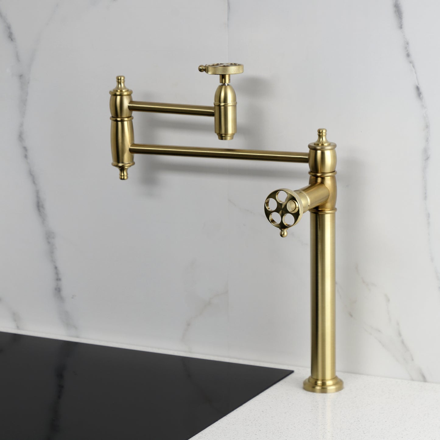 Kingston Brass KS3703RKZ Wendell Deck Mount Pot Filler Faucet with Knurled Handle, Antique Brass