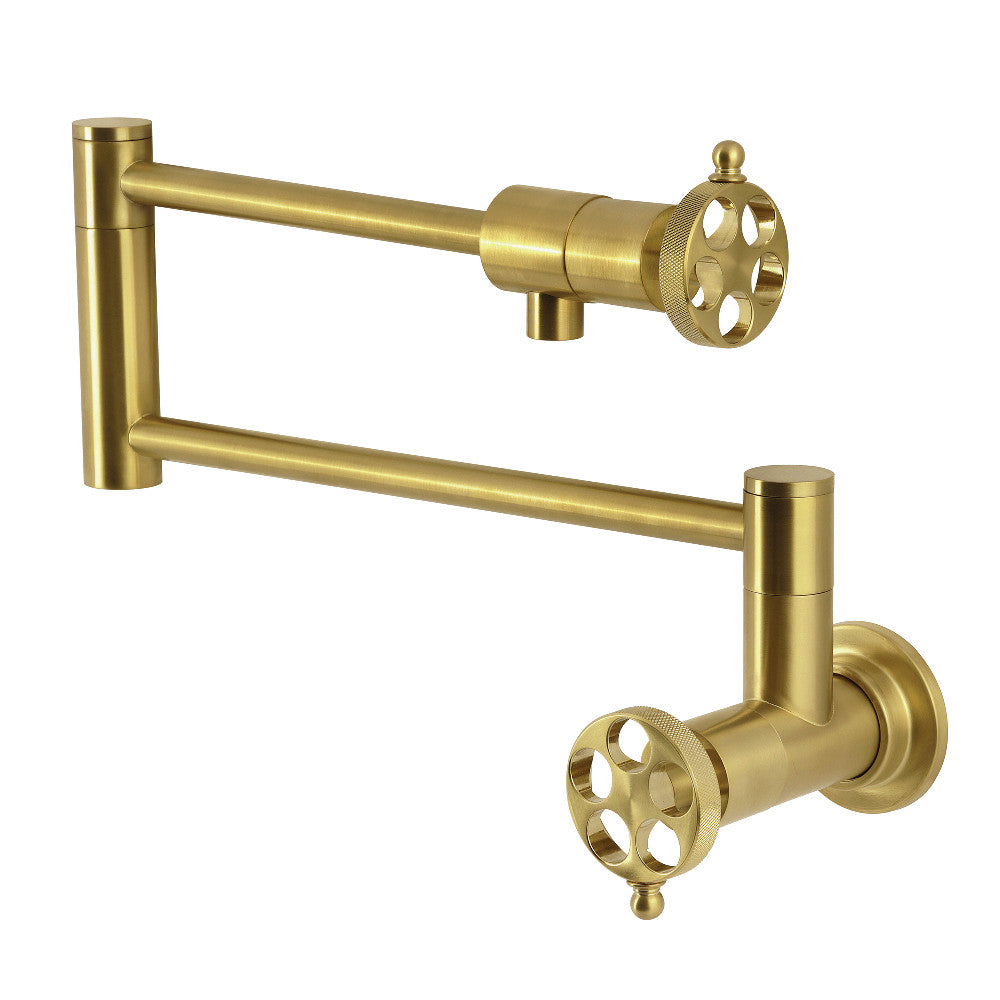 Kingston Brass KS4103RKZ Wendell Wall Mount Pot Filler Faucet with Knurled Handle, Antique Brass, foldable design and durable brass construction.