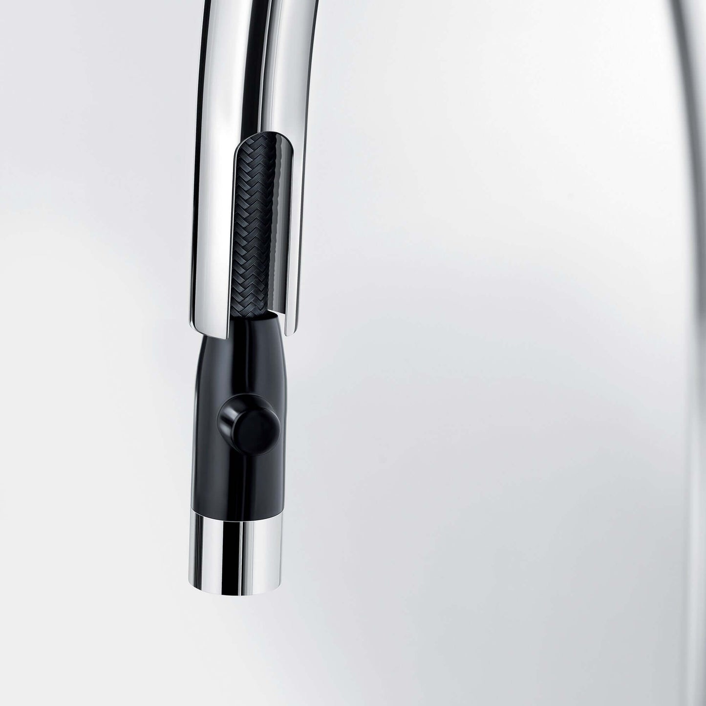 Close-up of the BLANCO Urbena Pull-Down Dual-Spray Kitchen Faucet handle design, showcasing modern functionality and style.