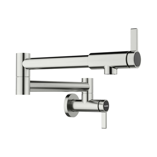 BLANCO Culina II Wall-Mounted Pot Filler in a polished stainless steel finish, ideal for a professional kitchen.