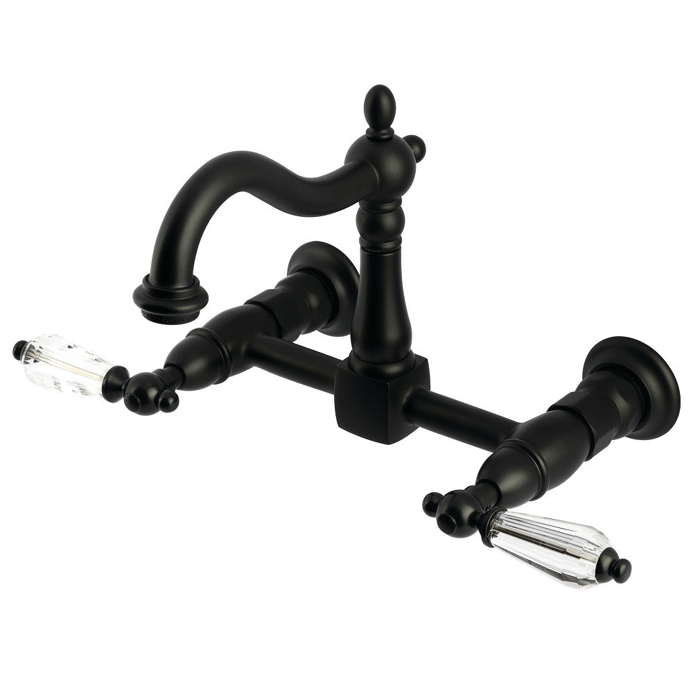 Kingston KS1263WLL Willshire Two-Handle Wall Mount Bridge Kitchen Faucet, Antique Brass in Matte Black finish.