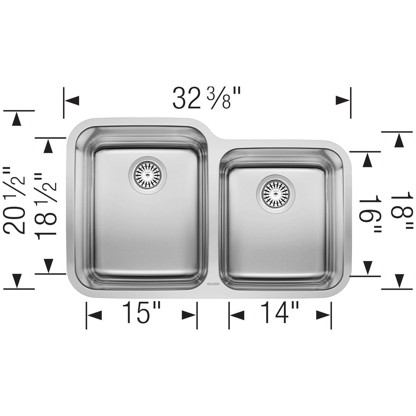 Image of BLANCO Stellar 32" 60/40 Double Bowl Undermount Stainless Steel Kitchen Sink with dimensions.