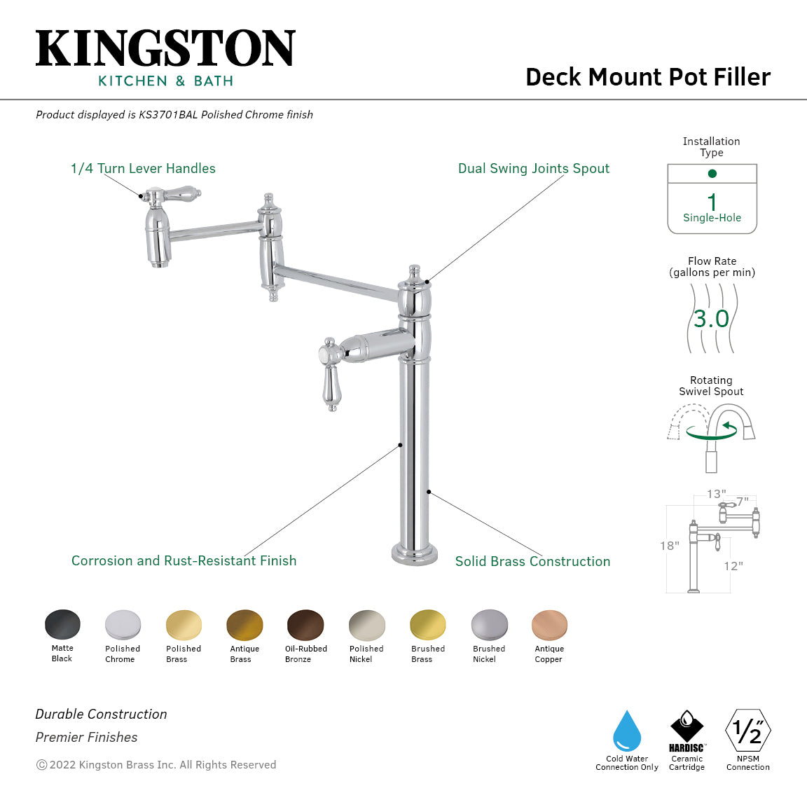 Kingston Brass KS3703BAL Heirloom Deck Mount Pot Filler Faucet, Antique Brass with dual swing joints spout and 1/4 turn lever handles.