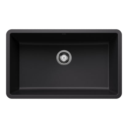 BLANCO Precis SILGRANIT 30" Single Bowl Undermount Kitchen Sink in sleek black finish viewed from above.