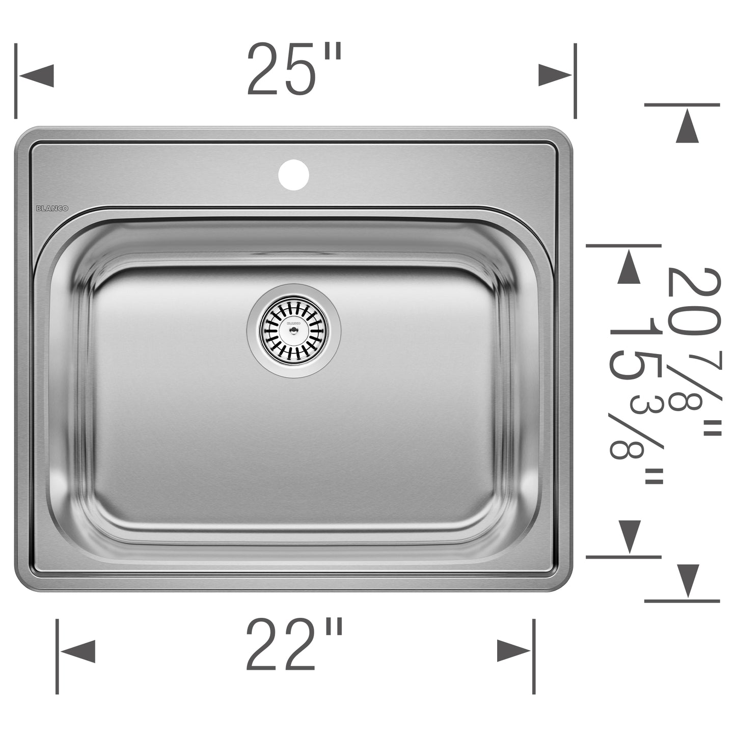 BLANCO Essential 25" Single Bowl Drop-In Stainless Steel Laundry Sink - 1 Hole dimensions and design layout.