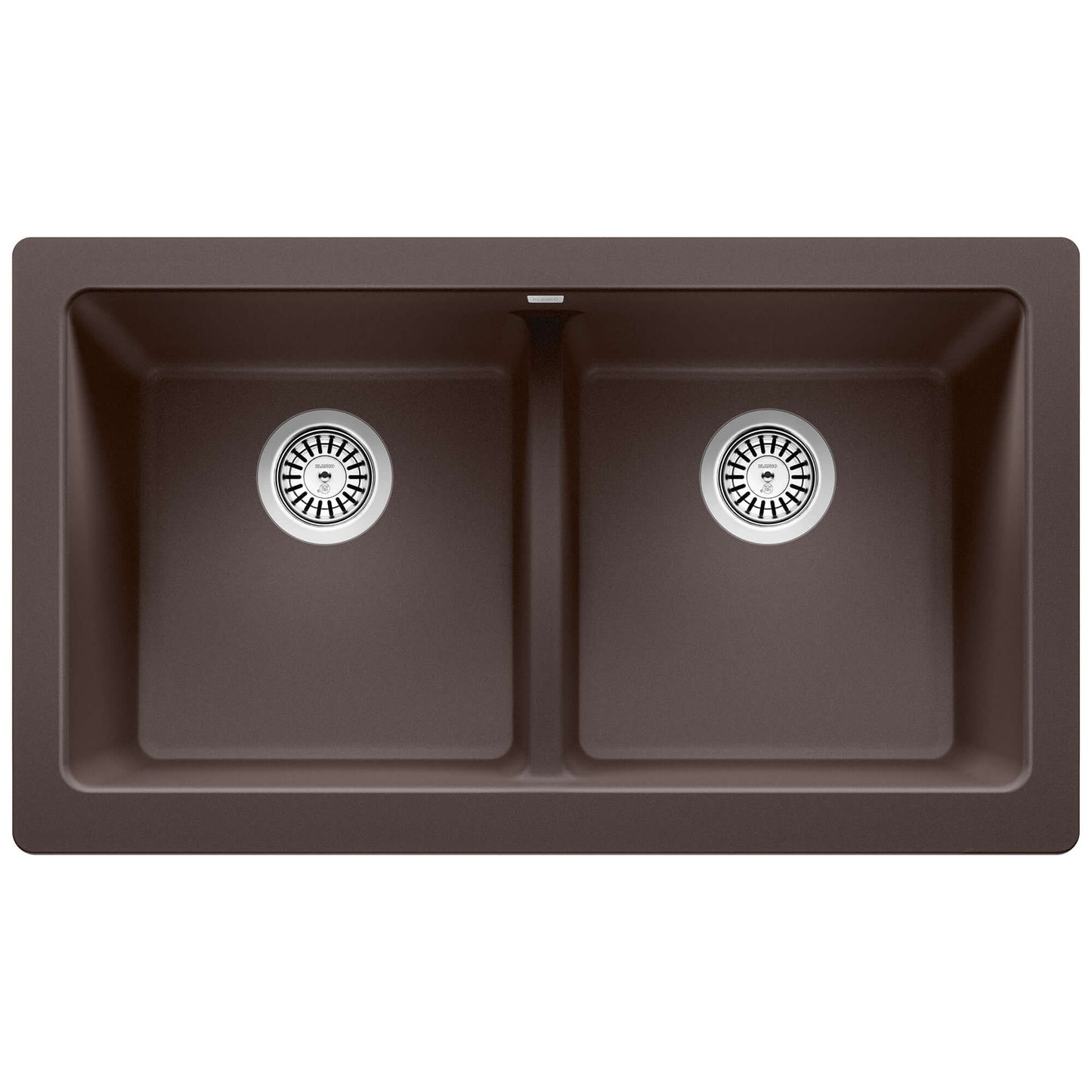 BLANCO VINTERA 33" SILGRANIT Double Bowl Farmhouse Sink in brown, featuring dual bowls and modern farmhouse design.