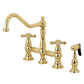 Kingston KS3277AXBS Restoration Bridge Kitchen Faucet with Brass Sprayer, Brushed Brass in polished brass finish.