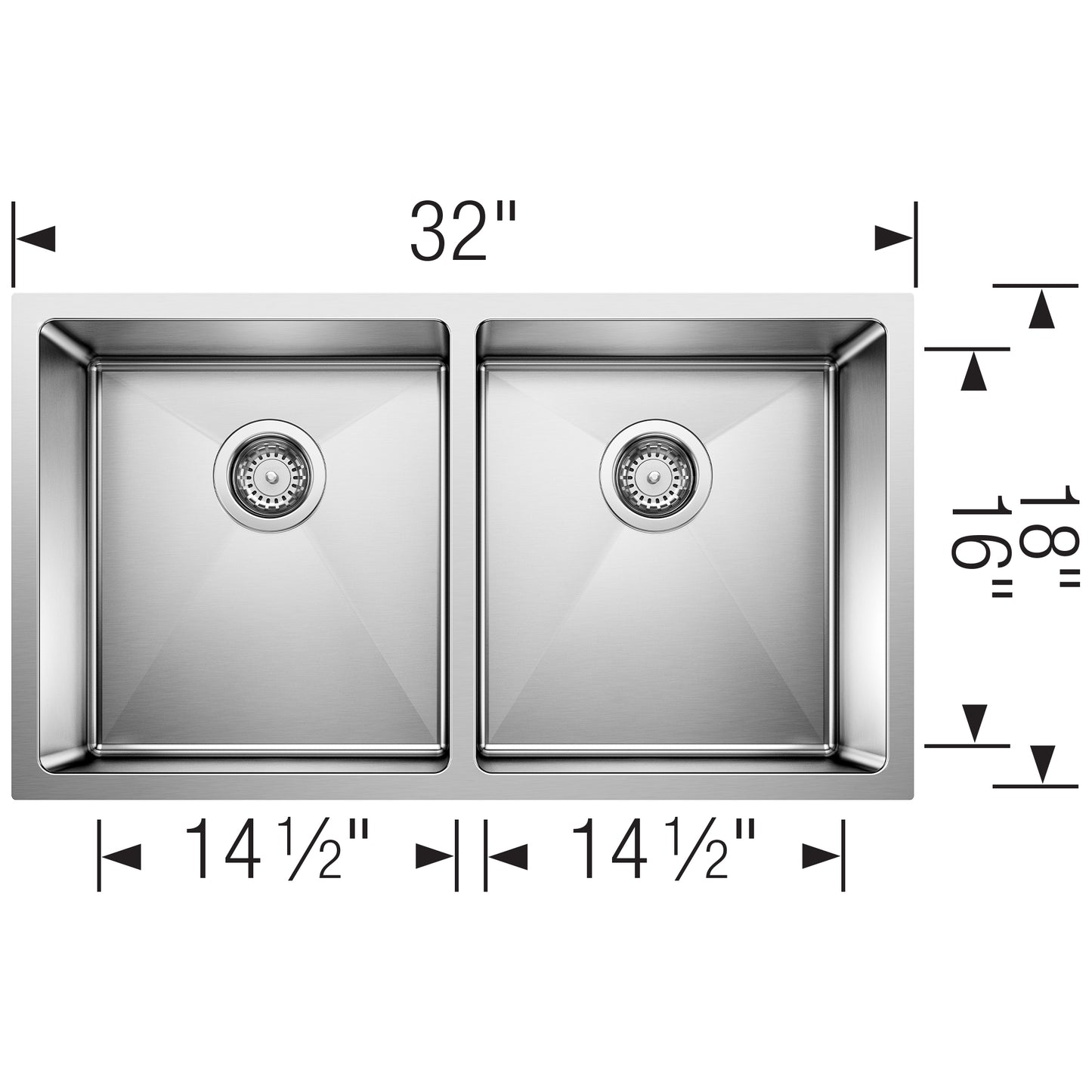 BLANCO Quatrus R15 32" 50/50 Double Bowl Undermount Stainless Steel Kitchen Sink dimensions and design.