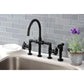 Kingston KS2333RX Belknap Industrial Style Bridge Kitchen Faucet with Brass Sprayer, Antique Brass in a modern kitchen setting.