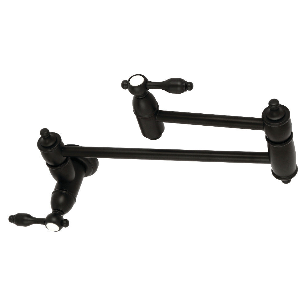 Kingston Brass KS3103TAL Tudor Wall Mount Pot Filler Faucet, Antique Brass in Matte Black finish showcasing vintage design features.