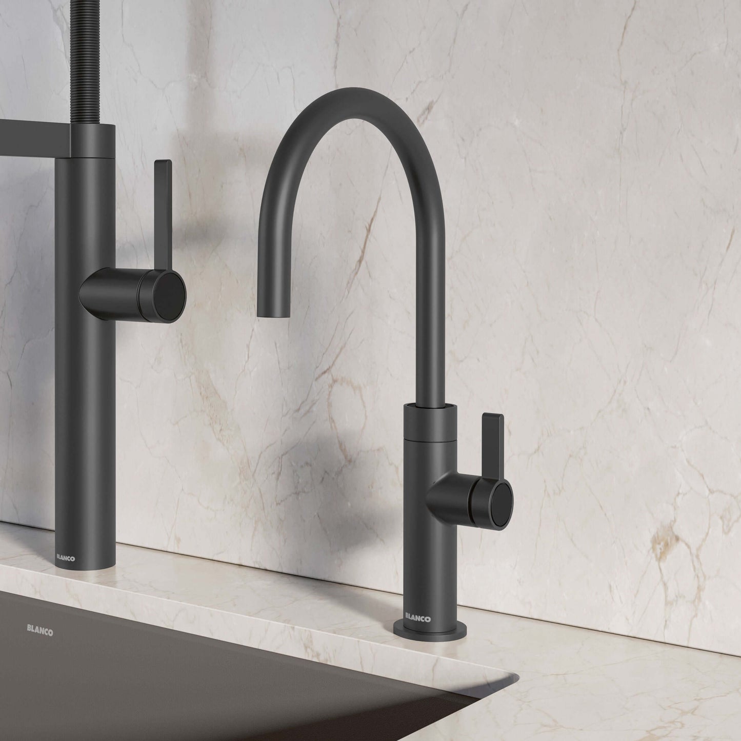 BLANCO Culina II High Arc Beverage Faucet Compatible with Reverse Osmosis Systems in modern kitchen setting.
