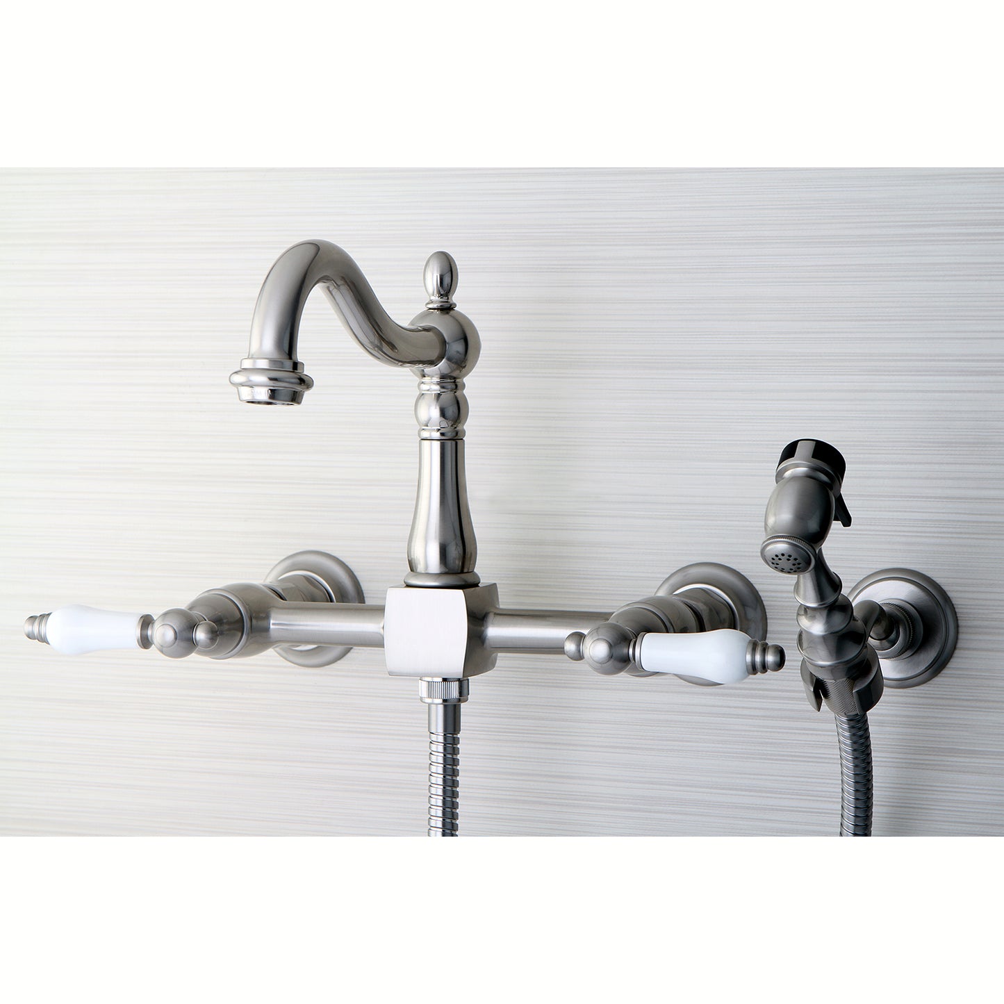 Kingston KS1263PLBS Heritage Two-Handle Wall Mount Bridge Kitchen Faucet with Brass Sprayer, Antique Brass