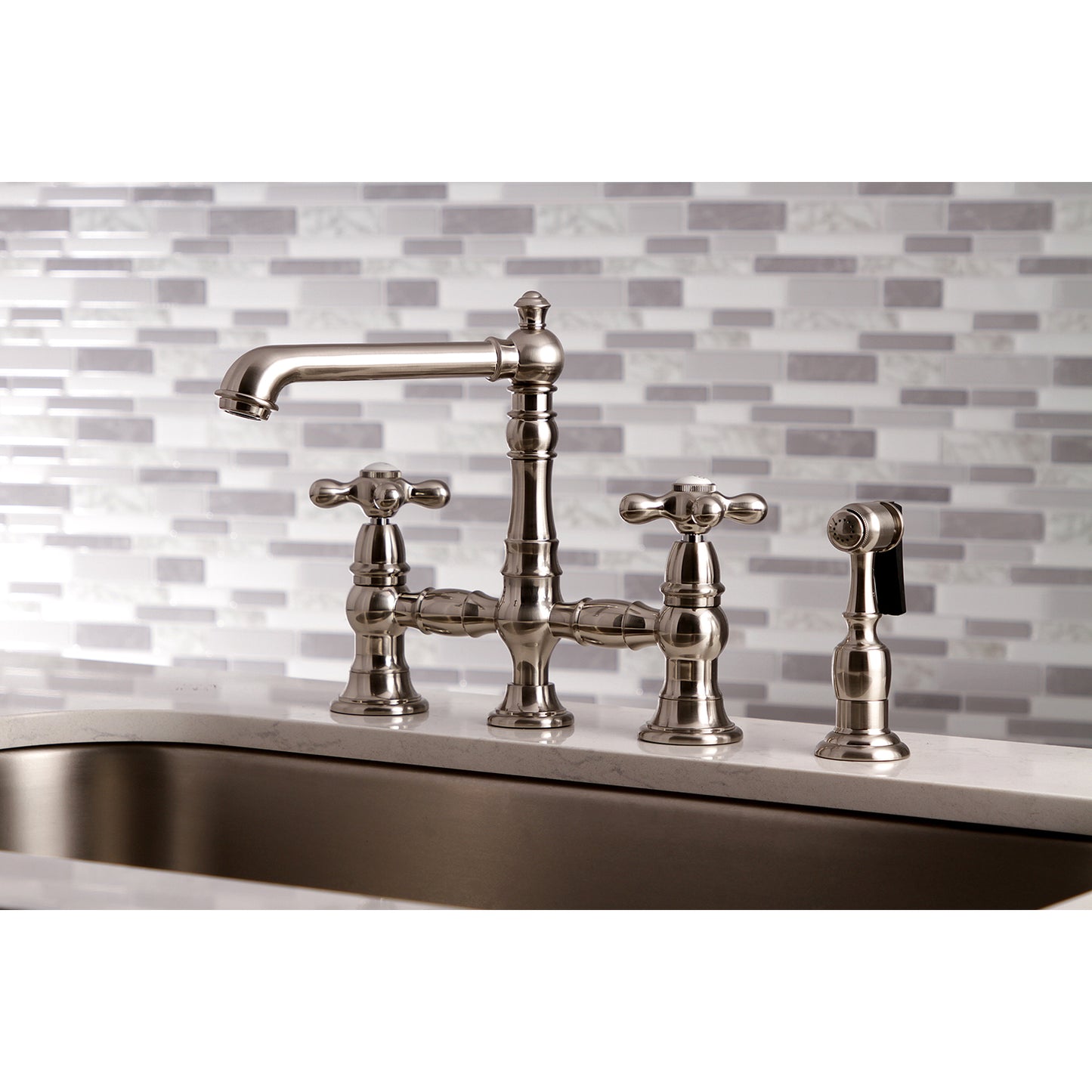 Kingston KS7277AXBS English Country Bridge Kitchen Faucet with Brass Sprayer, Brushed Brass