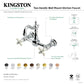 Kingston KS2443PX Heritage Two-Handle Wall Mount Bridge Kitchen Faucet, Antique Brass with porcelain cross handles and swivel spout.