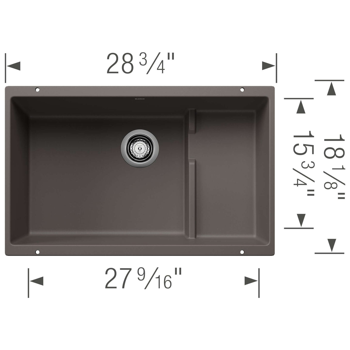 BLANCO Precis Cascade SILGRANIT 29" Single Bowl Undermount Kitchen Sink with Colander dimensions diagram