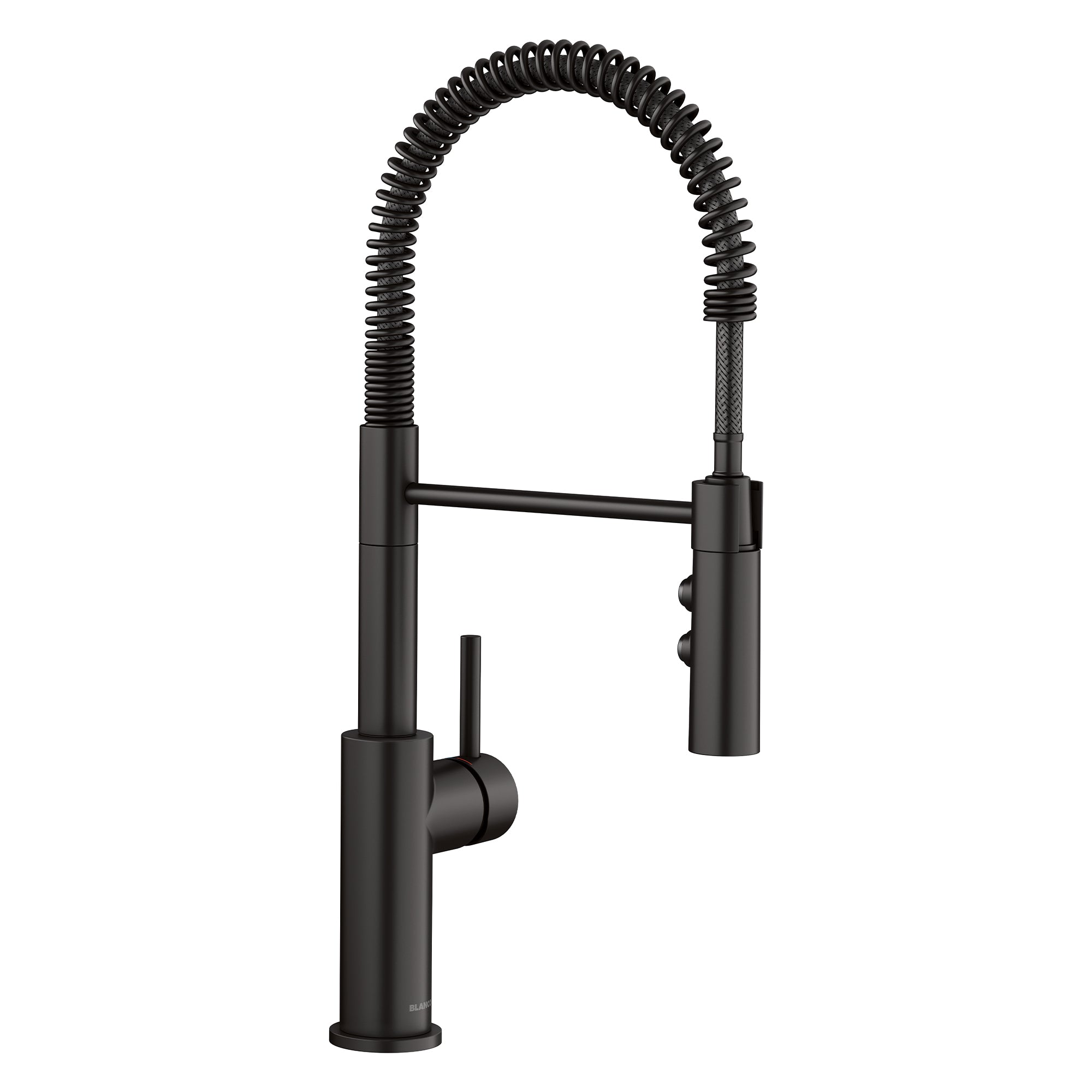 BLANCO Catris Semi-Pro Pull-Down Dual-Spray Kitchen Faucet in sleek black finish with spring-coil design.