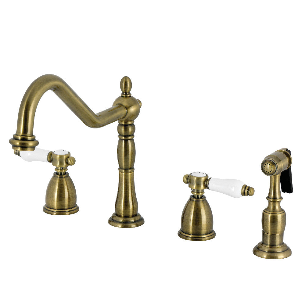 Kingston Brass KB1793BPLBS Bel-Air Double-Handle Widespread Kitchen Faucet with Brass Sprayer, Antique Brass
