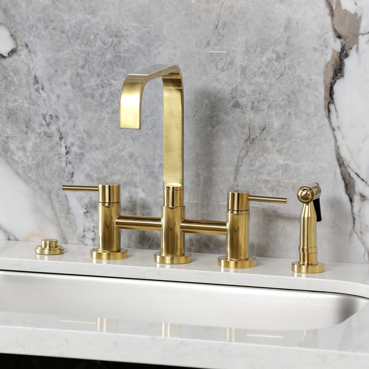 Kingston KS8257DLBS Concord Bridge Kitchen Faucet with Brass Sprayer, Brushed Brass installation on countertop