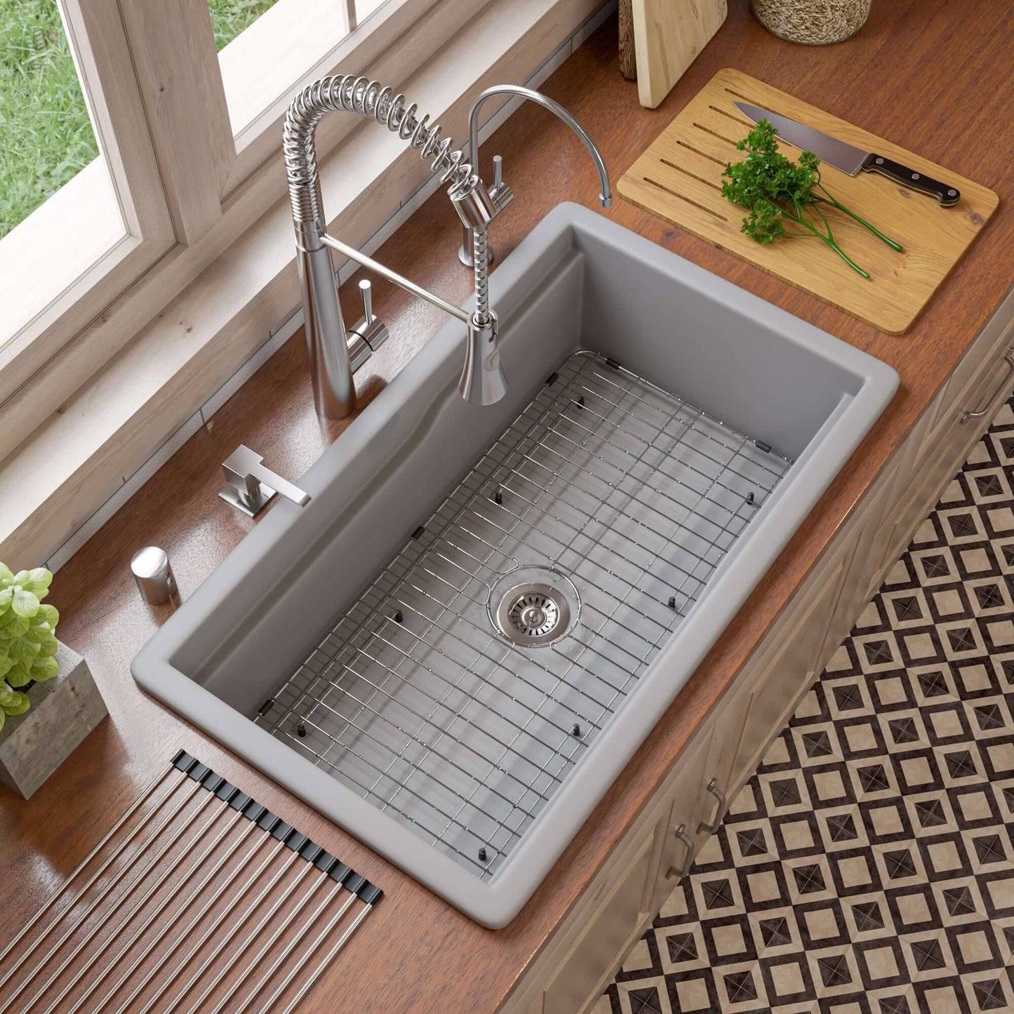 Alfi 32" Dual Mount Fireclay Workstation Kitchen Sink - ABFS3219SUD with stainless steel grid and modern faucet