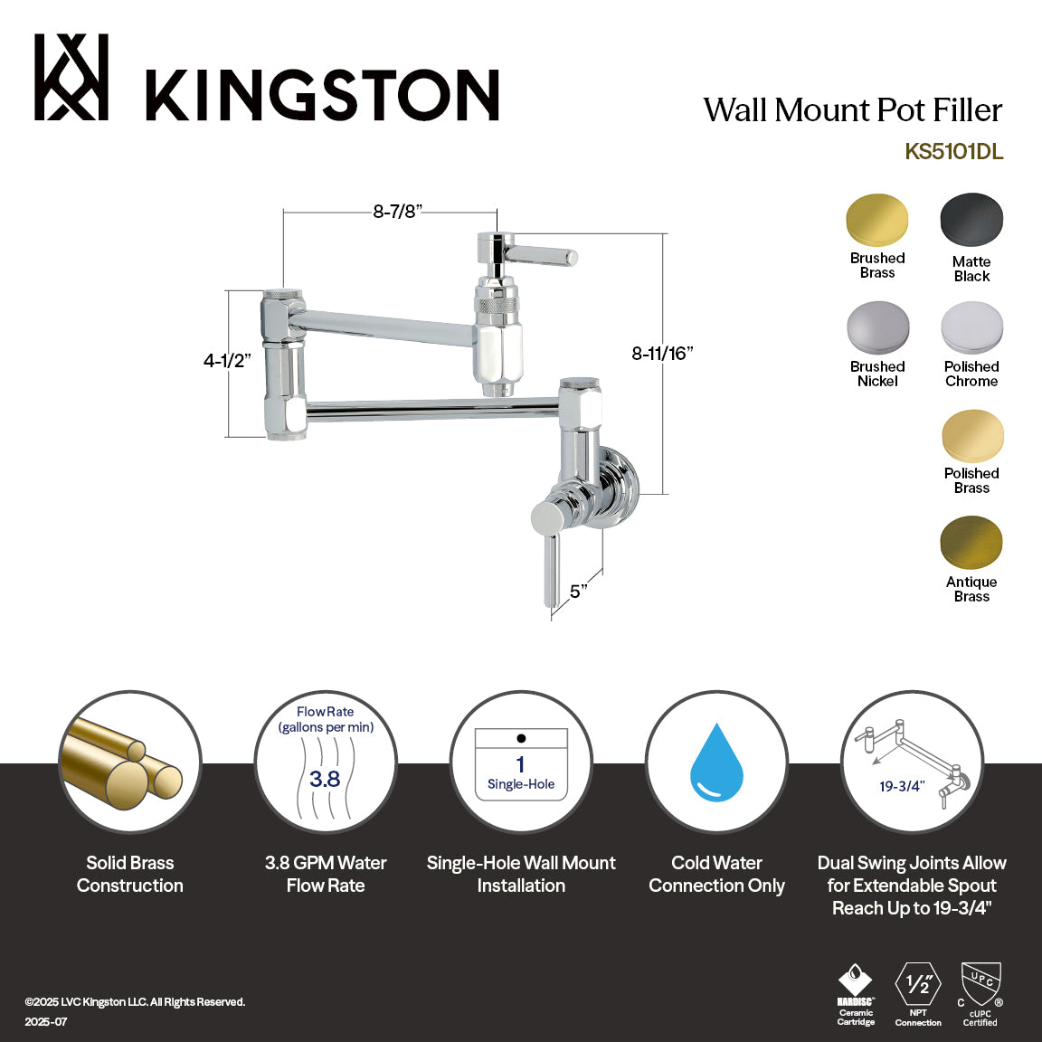 Kingston Brass KS5103DL Concord Wall Mount Pot Filler Faucet, Antique Brass dimensions and features overview.