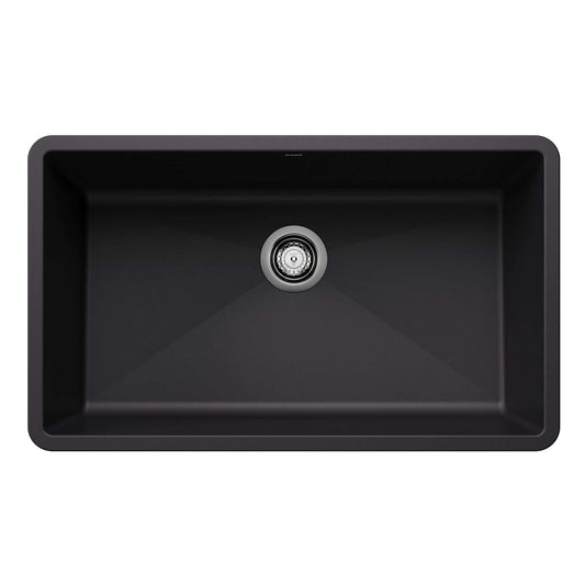 BLANCO Precis SILGRANIT 32" Super Single Undermount Kitchen Sink in sleek black design.