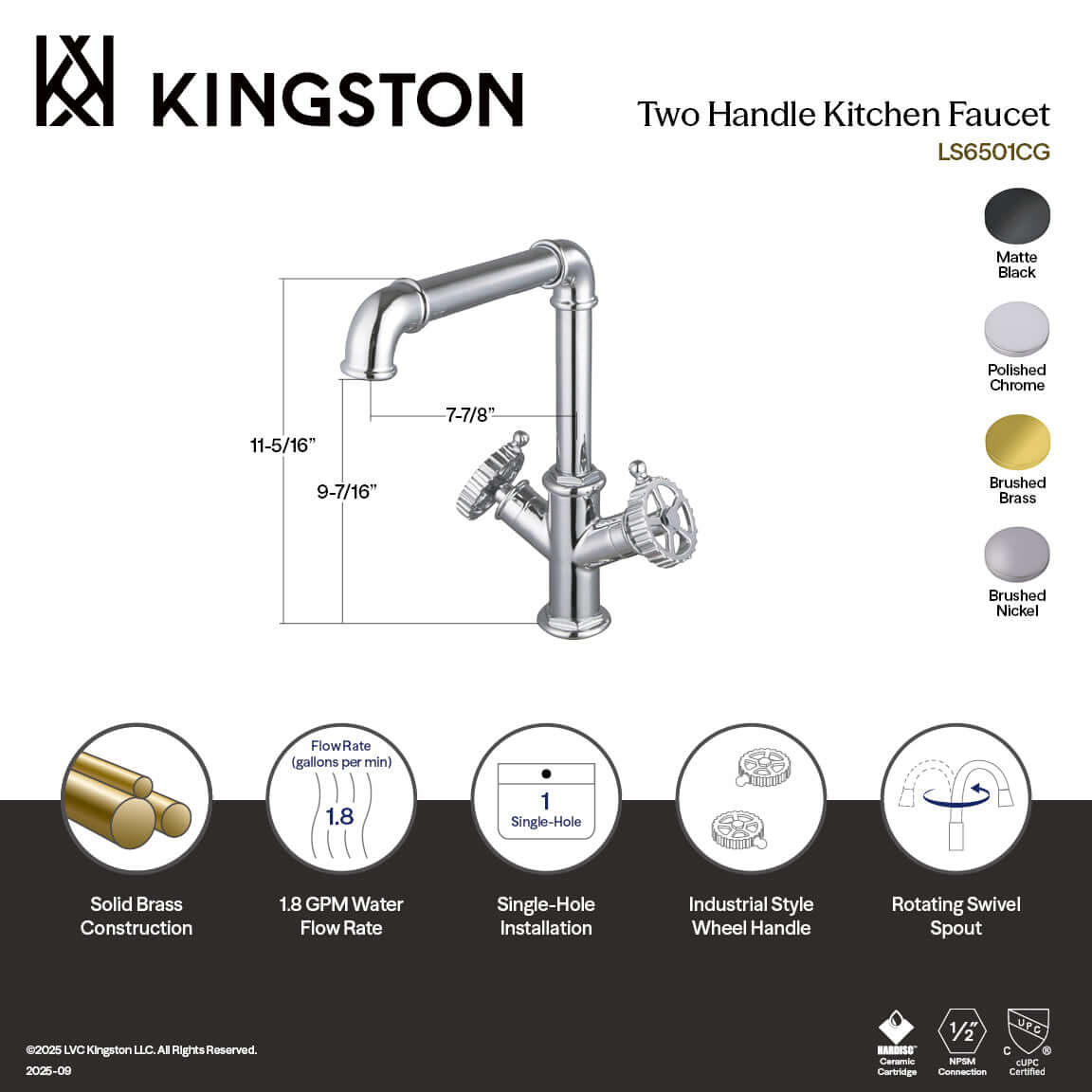 Kingston LS6503CG Fuller Two-Handle Single-Hole Kitchen Faucet, Brushed Brass with industrial style spout and wheel handles.