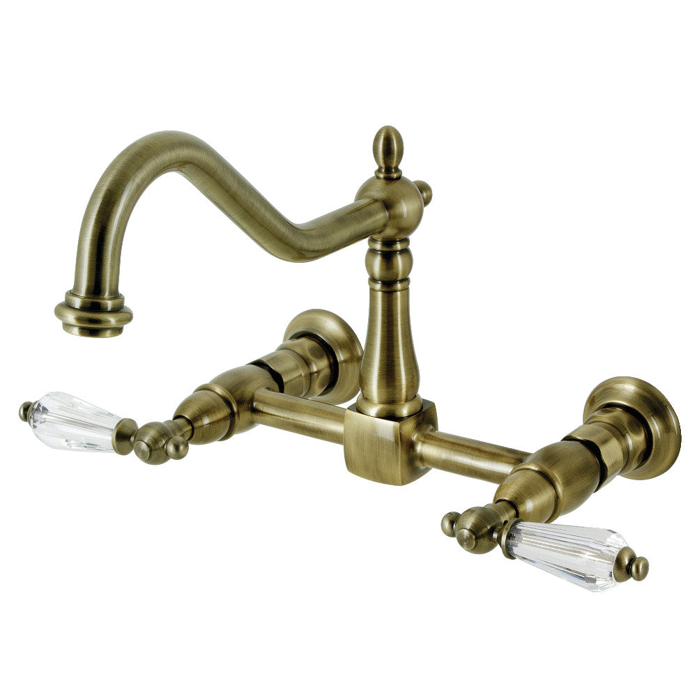 Kingston KS1243WLL Wilshire Two-Handle Wall Mount Bridge Kitchen Faucet, Antique Brass with acrylic lever handles