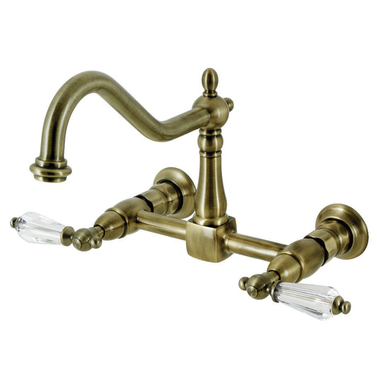 Kingston KS1243WLL Wilshire Two-Handle Wall Mount Bridge Kitchen Faucet, Antique Brass with acrylic lever handles