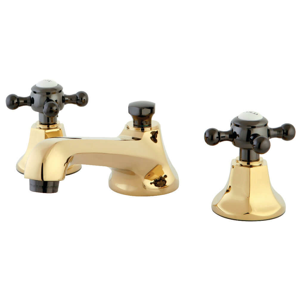 Kingston Brass NS4460BX Water Onyx Widespread Bathroom Faucet front view with polished brass finish and traditional cross handles.