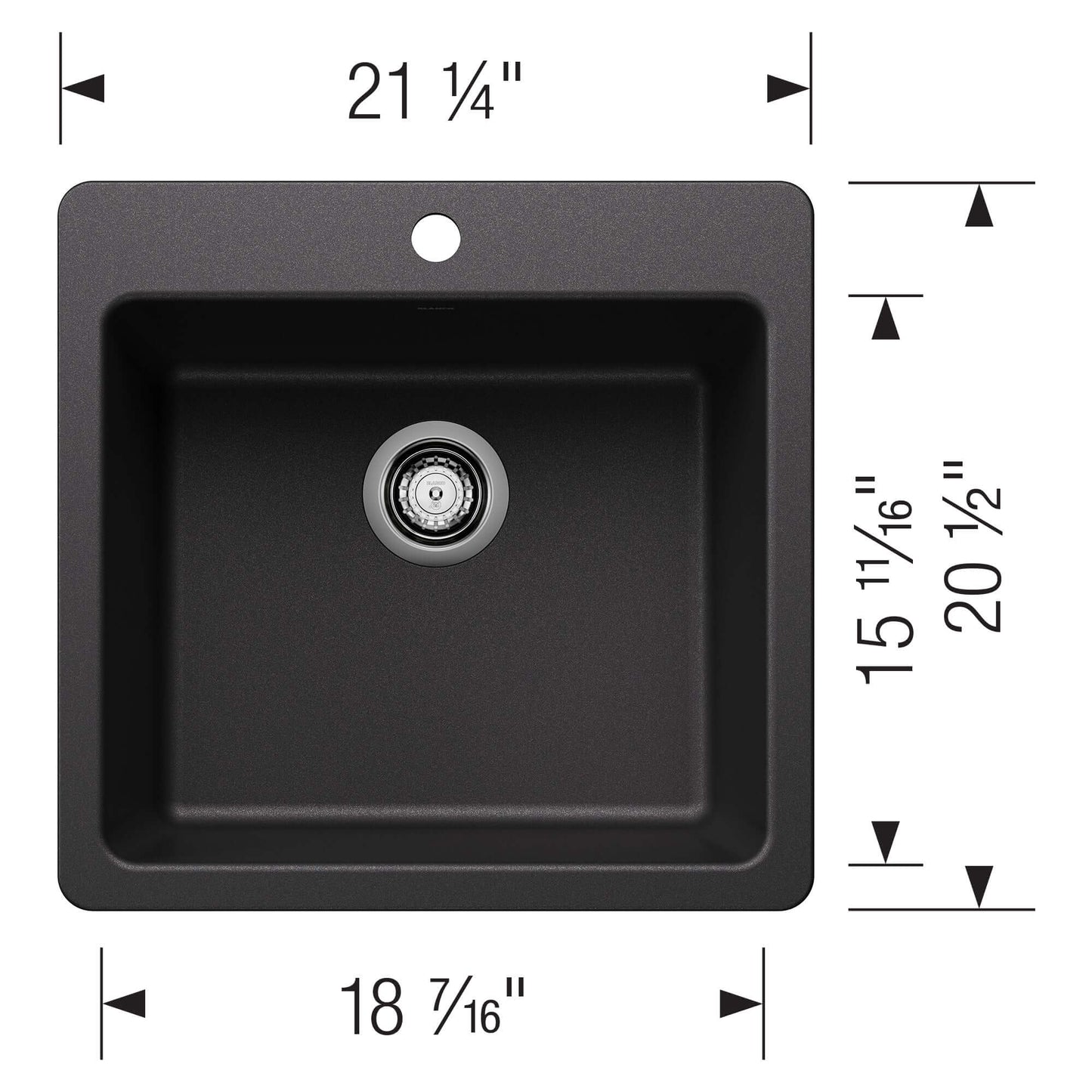 BLANCO Liven SILGRANIT 21" Single Bowl Dual Mount Kitchen Sink dimensions and design layout.