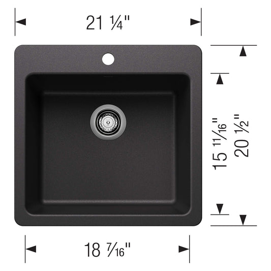 BLANCO Liven SILGRANIT 21" Single Bowl Dual Mount Kitchen Sink dimensions and design layout.