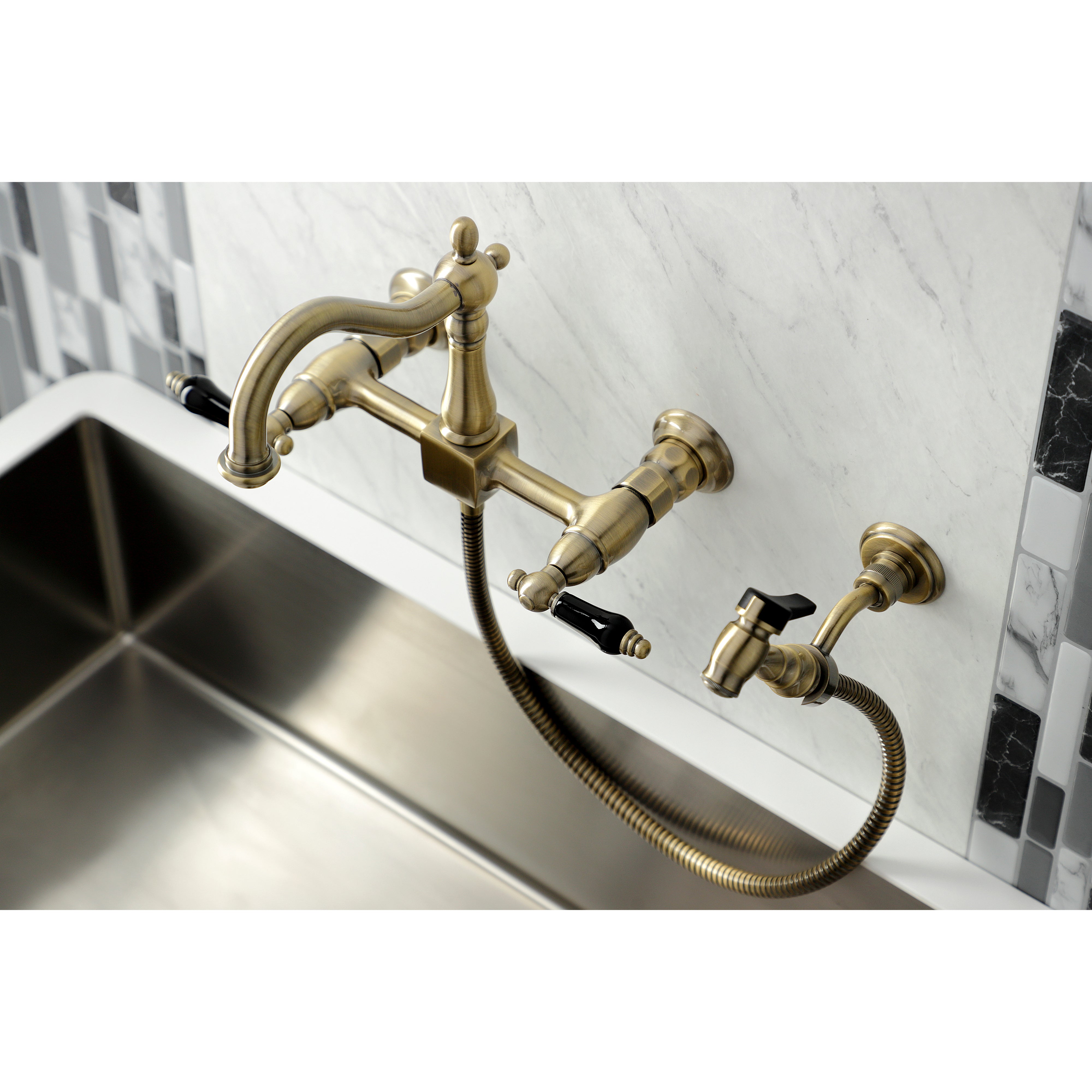 Kingston KS1263PKLBS Duchess Two-Handle Wall Mount Bridge Kitchen Faucet with Brass Sprayer, Antique Brass