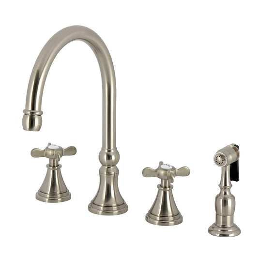 Kingston Brass KS2798BEXBS Essex Double-Handle Widespread Kitchen Faucet with Brass Sprayer, Brushed Nickel
