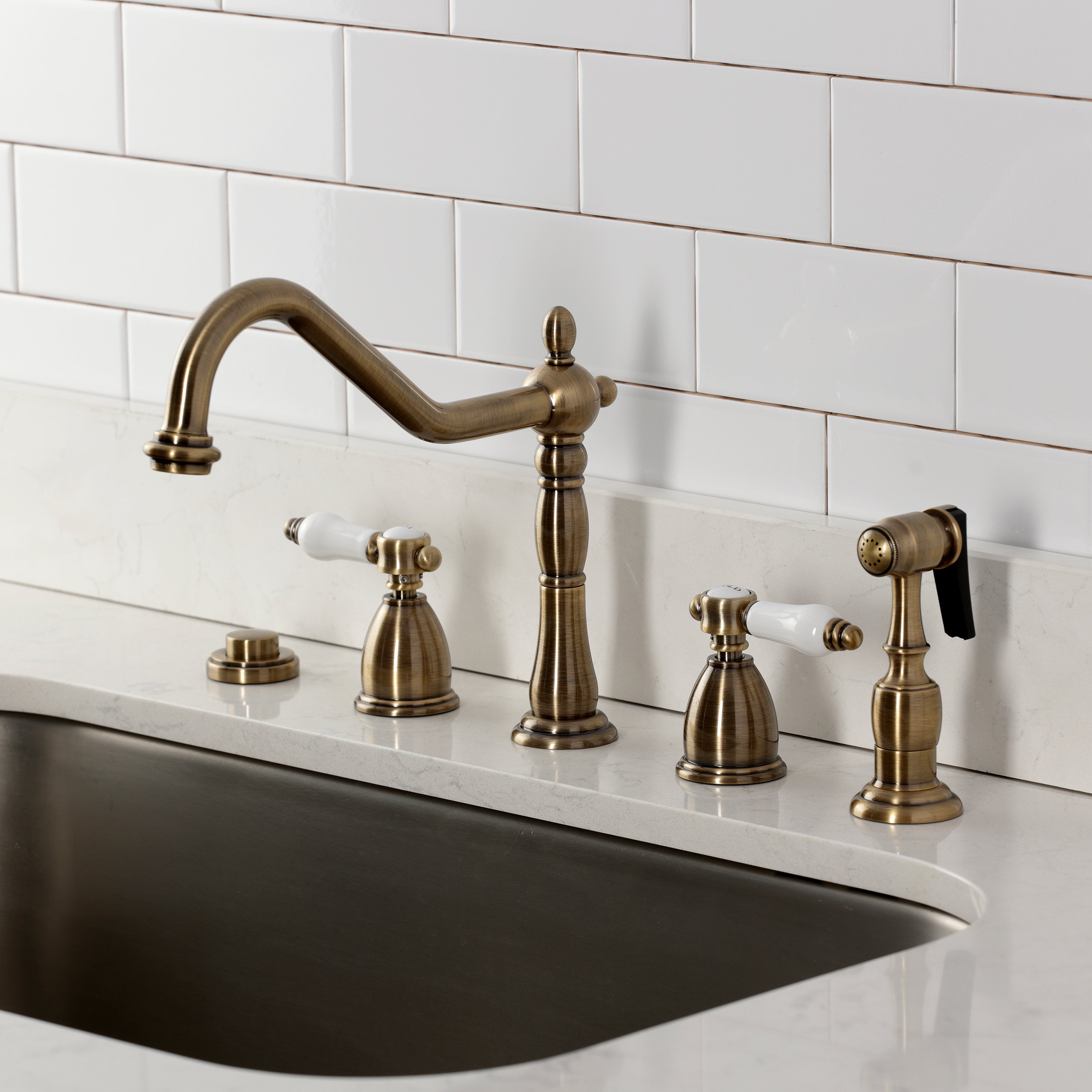 Kingston Brass KB1793BPLBS Bel-Air Double-Handle Widespread Kitchen Faucet with Brass Sprayer, Antique Brass
