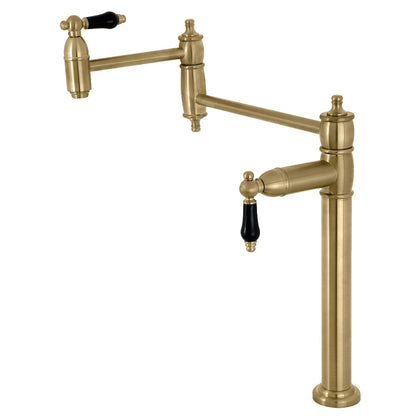 Kingston Brass KS3707PKL Duchess Deck Mount Pot Filler Faucet, Brushed Brass with black porcelain handles