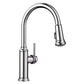 BLANCO Empressa High Arc Pull-Down Dual-Spray Kitchen Faucet in polished chrome, featuring elevated spout design for large cookware.