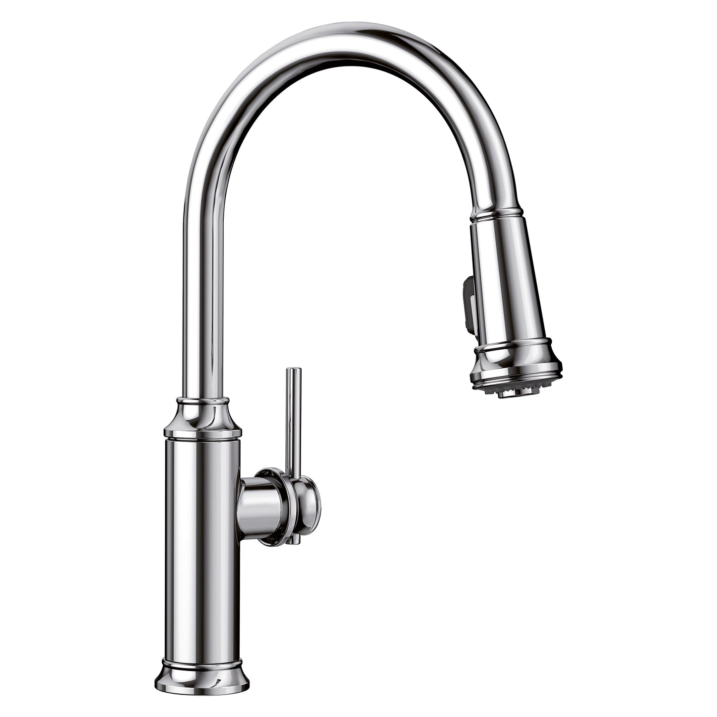 BLANCO Empressa High Arc Pull-Down Dual-Spray Kitchen Faucet in polished chrome, featuring elevated spout design for large cookware.