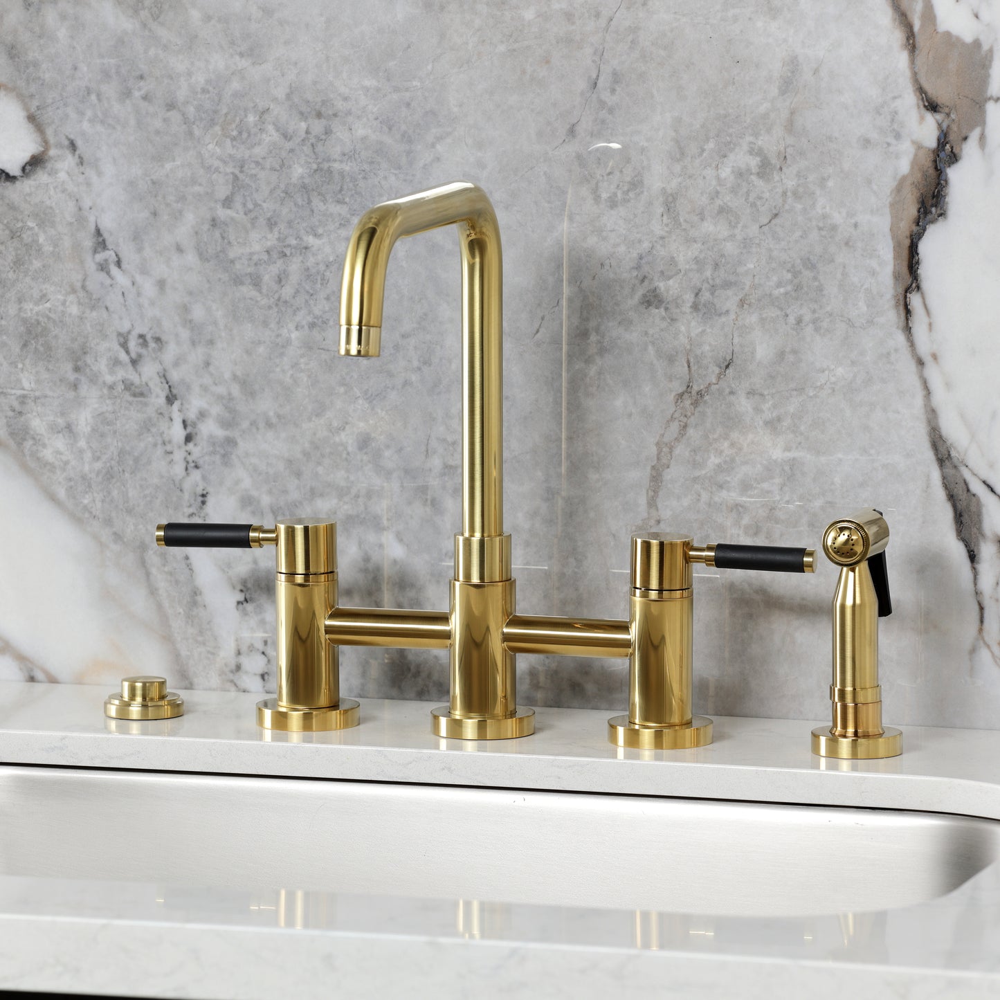 Kingston KS8287DKLBS Kaiser Bridge Kitchen Faucet with Brass Sprayer, Brushed Brass on kitchen countertop