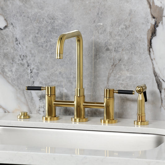 Kingston KS8287DKLBS Kaiser Bridge Kitchen Faucet with Brass Sprayer, Brushed Brass on kitchen countertop